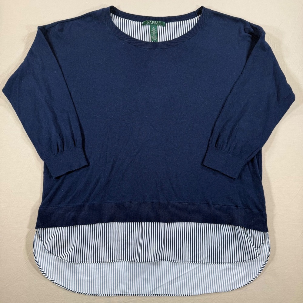 Lauren Navy Blue Layered Look Striped Hem‎ Sweater XL Womens 3/4 Sleeve